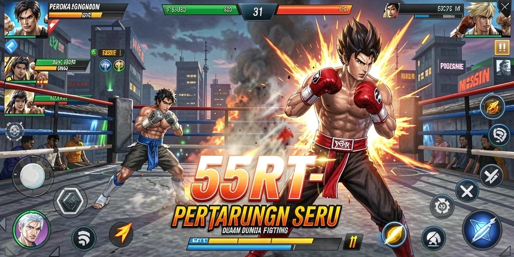Tampilan aksi seru dari gameplay 55RT dengan karakter yang bertarung.