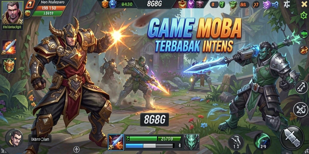 Screenshot menunjukkan aksi pertarungan seru dalam game MOBA 8G8G.