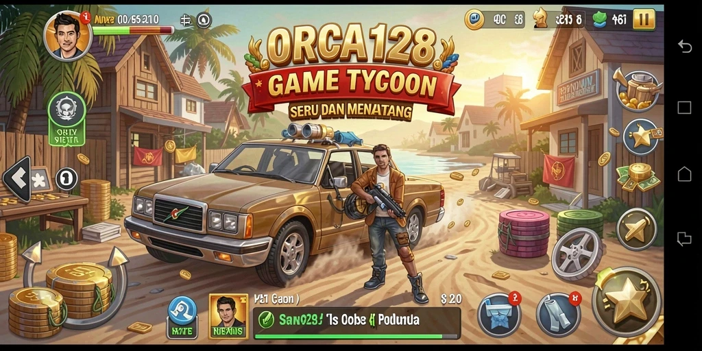 Screenshot menunjukkan gameplay intens dengan berbagai elemen manajemen bisnis.