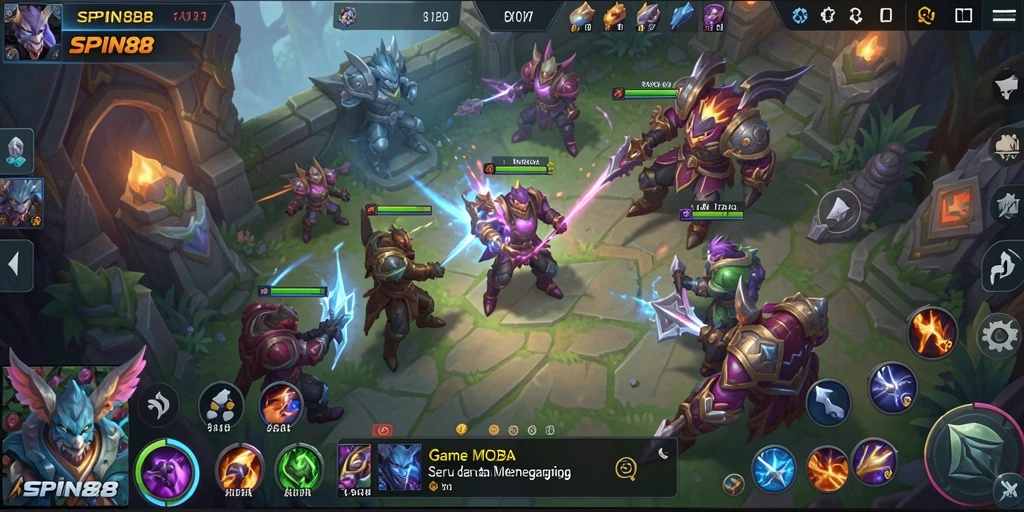 Tangkapan layar gameplay SPIN88 yang menunjukkan pertempuran MOBA yang mendebarkan.