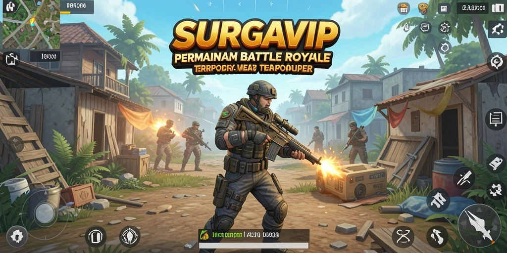 Menampilkan gameplay seru dalam arena pertempuran Battle Royale.