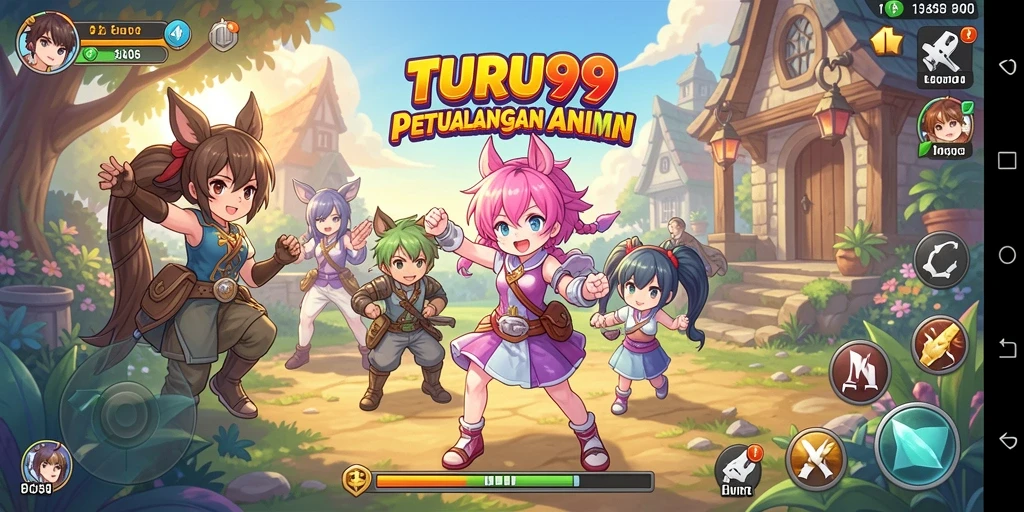 Screenshot utama TURU99 menampilkan karakter Anime dalam aksi pertarungan.